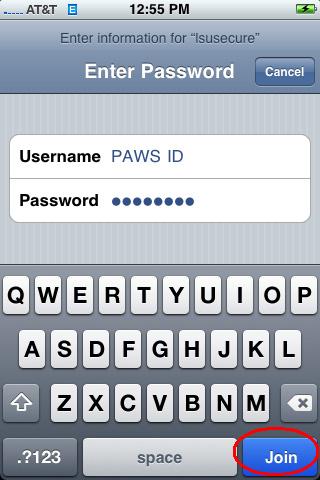 iPhone screen shot, Enter Credentials.